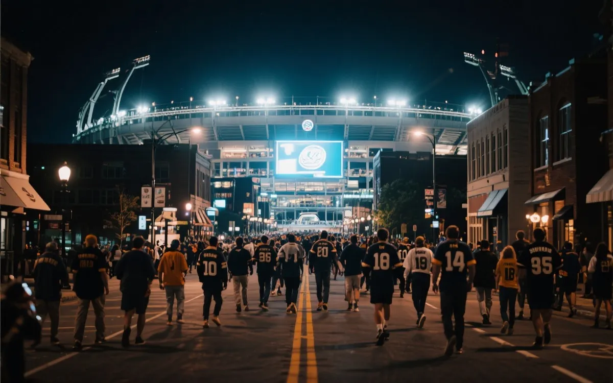 球迷在北美城市夜色中步行前往球场的电影感场景