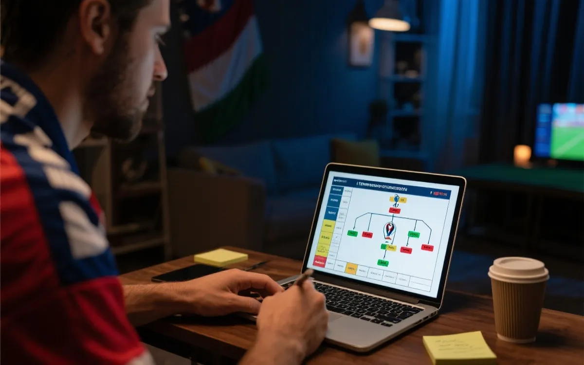 球迷在电脑前制作世界杯出线预测表与淘汰赛树的示意图